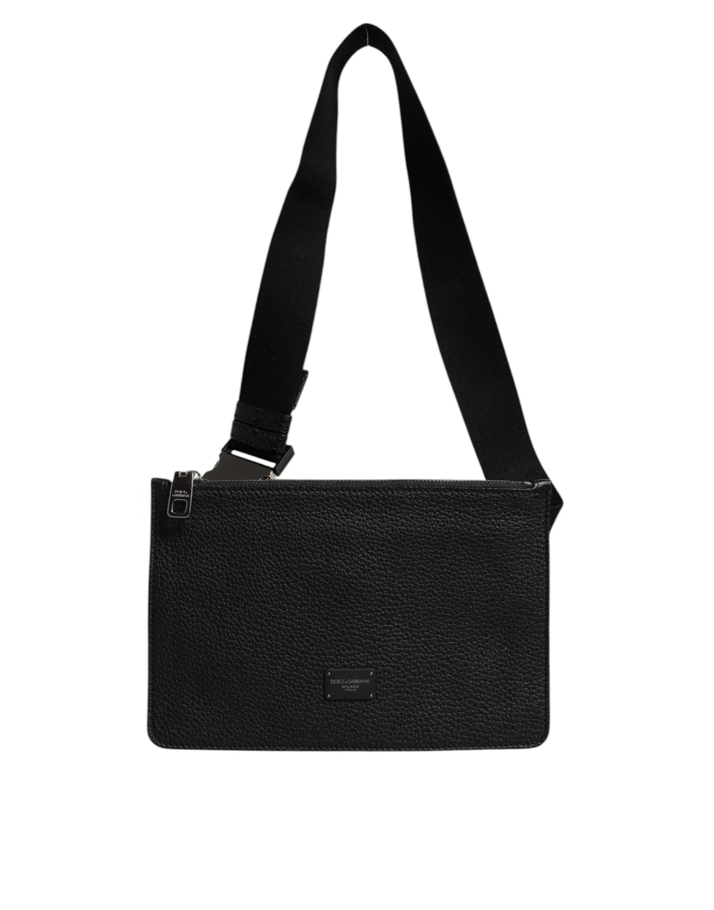 Black Leather Logo Plaque Purse Fanny Pack Bag