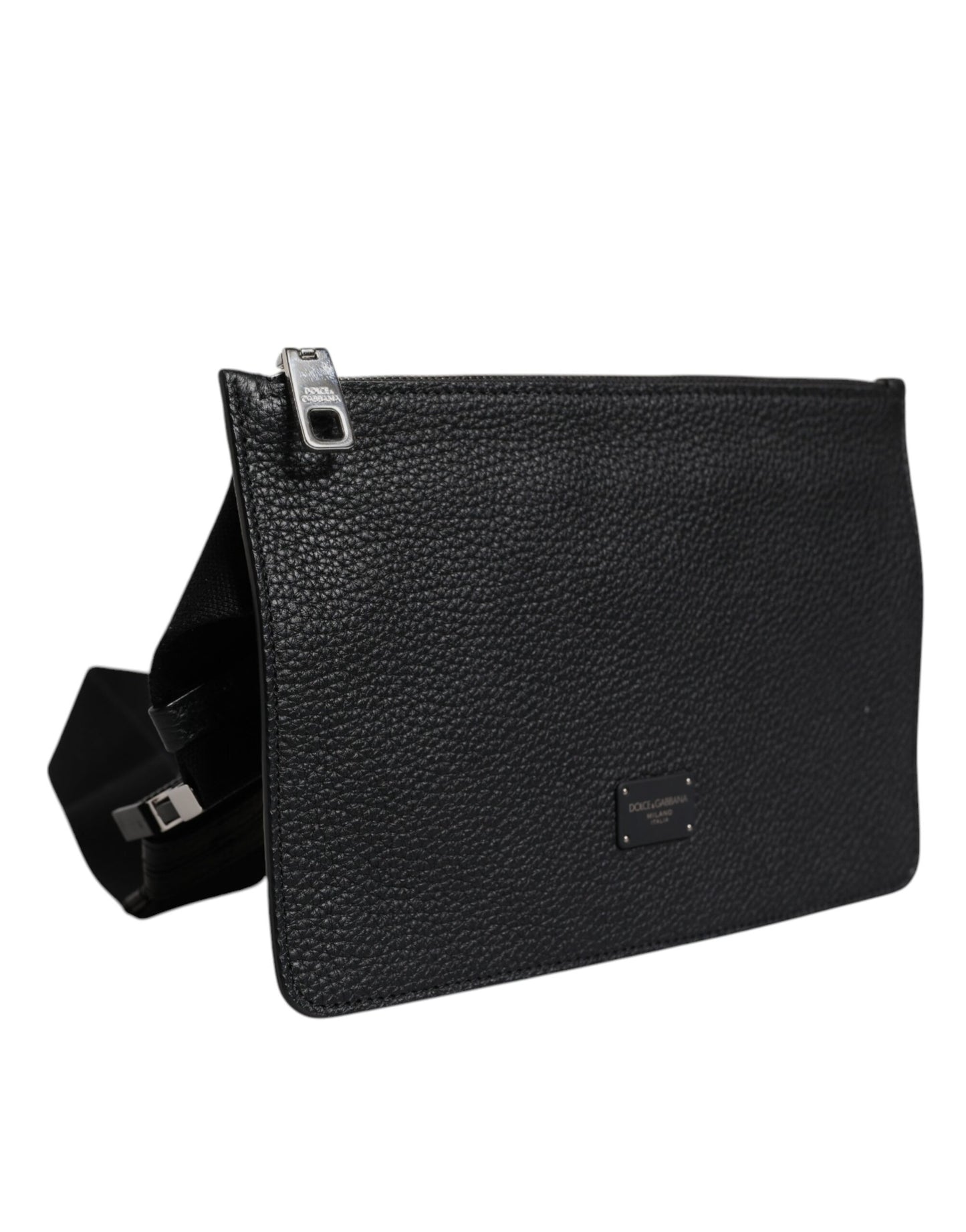 Black Leather Logo Plaque Purse Fanny Pack Bag