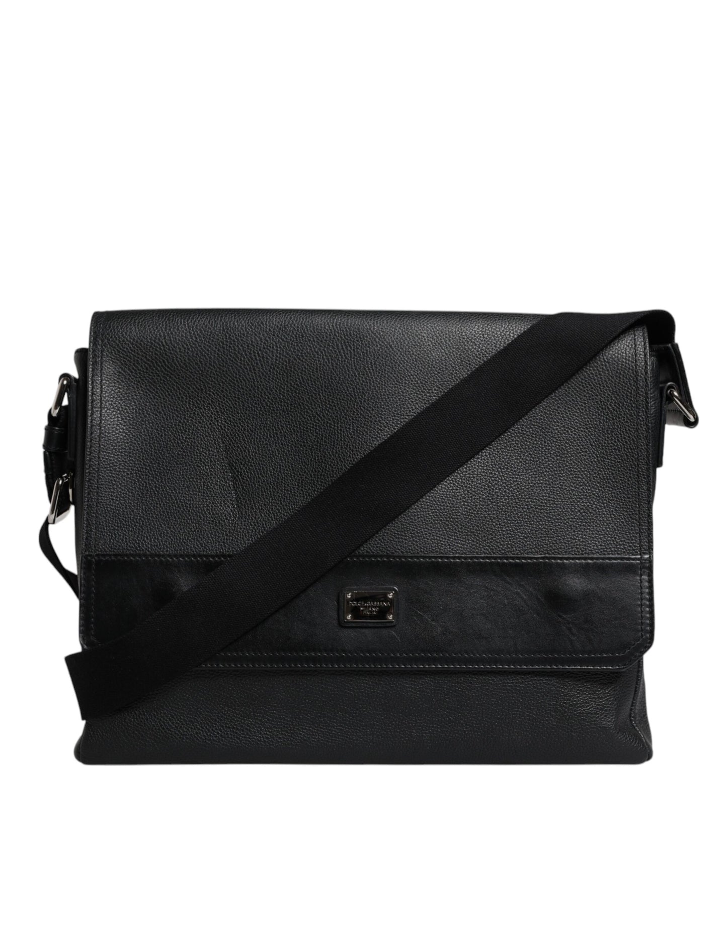 Black Logo Plaque Leather Messenger Shoulder Strap Bag