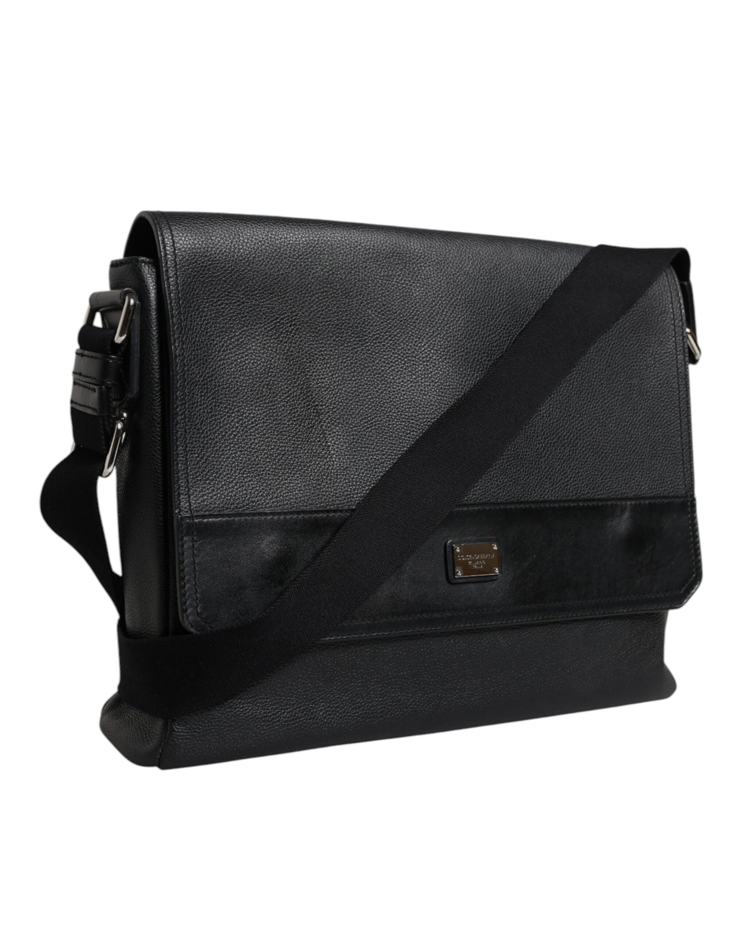 Black Logo Plaque Leather Messenger Shoulder Strap Bag