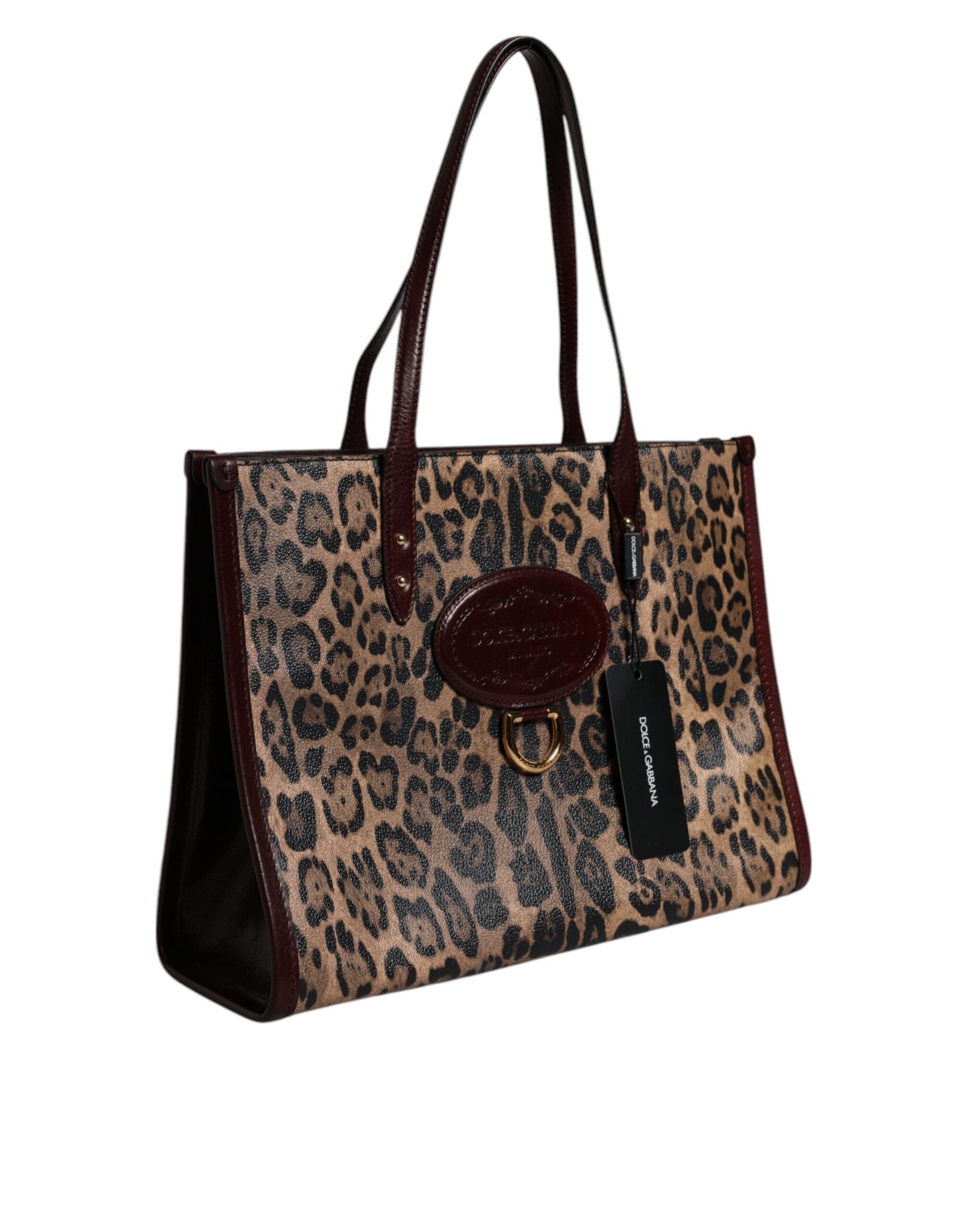Brown Leopard Leather Shoulder Strap Tote Bag