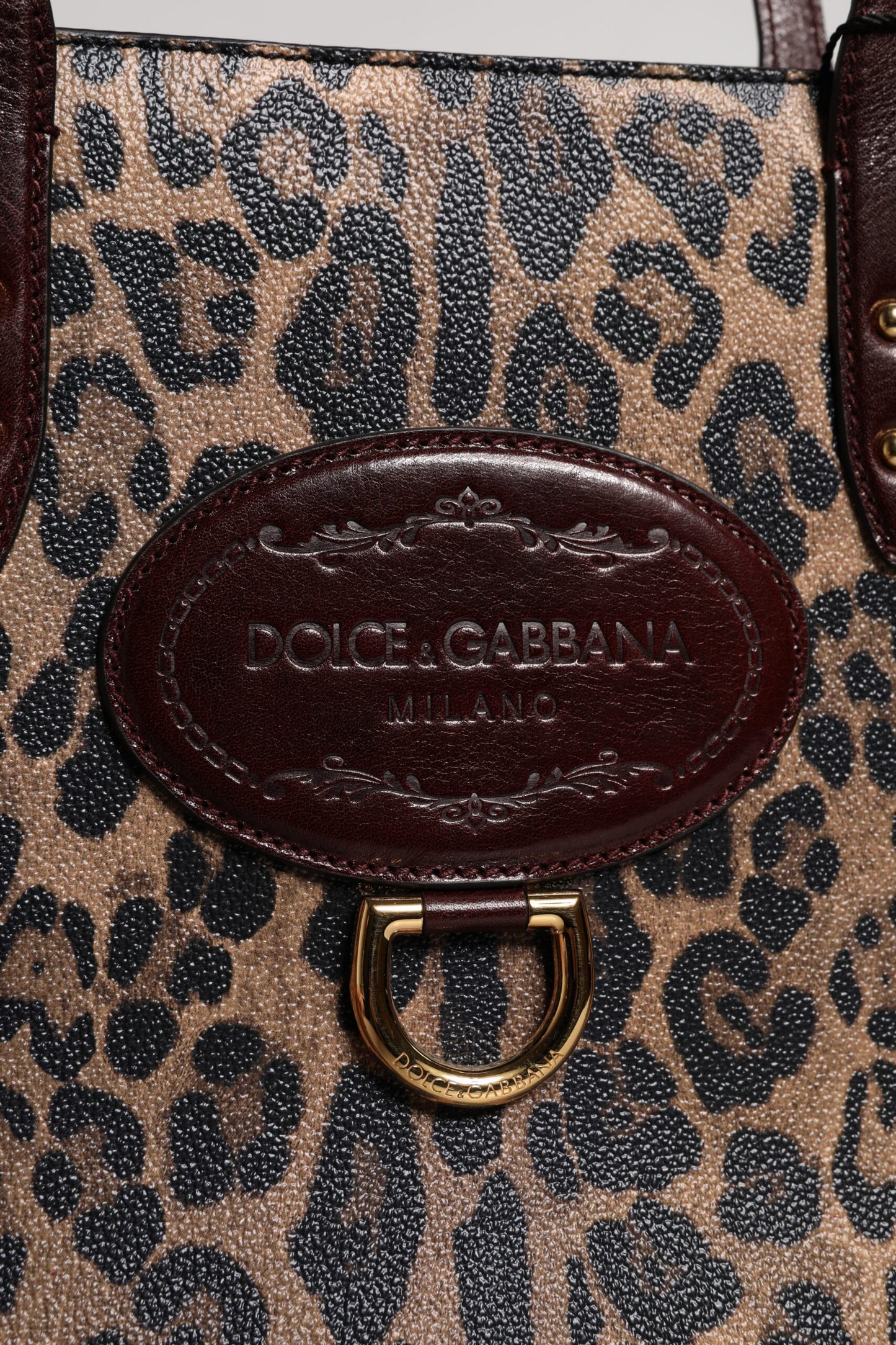 Brown Leopard Leather Shoulder Strap Tote Bag