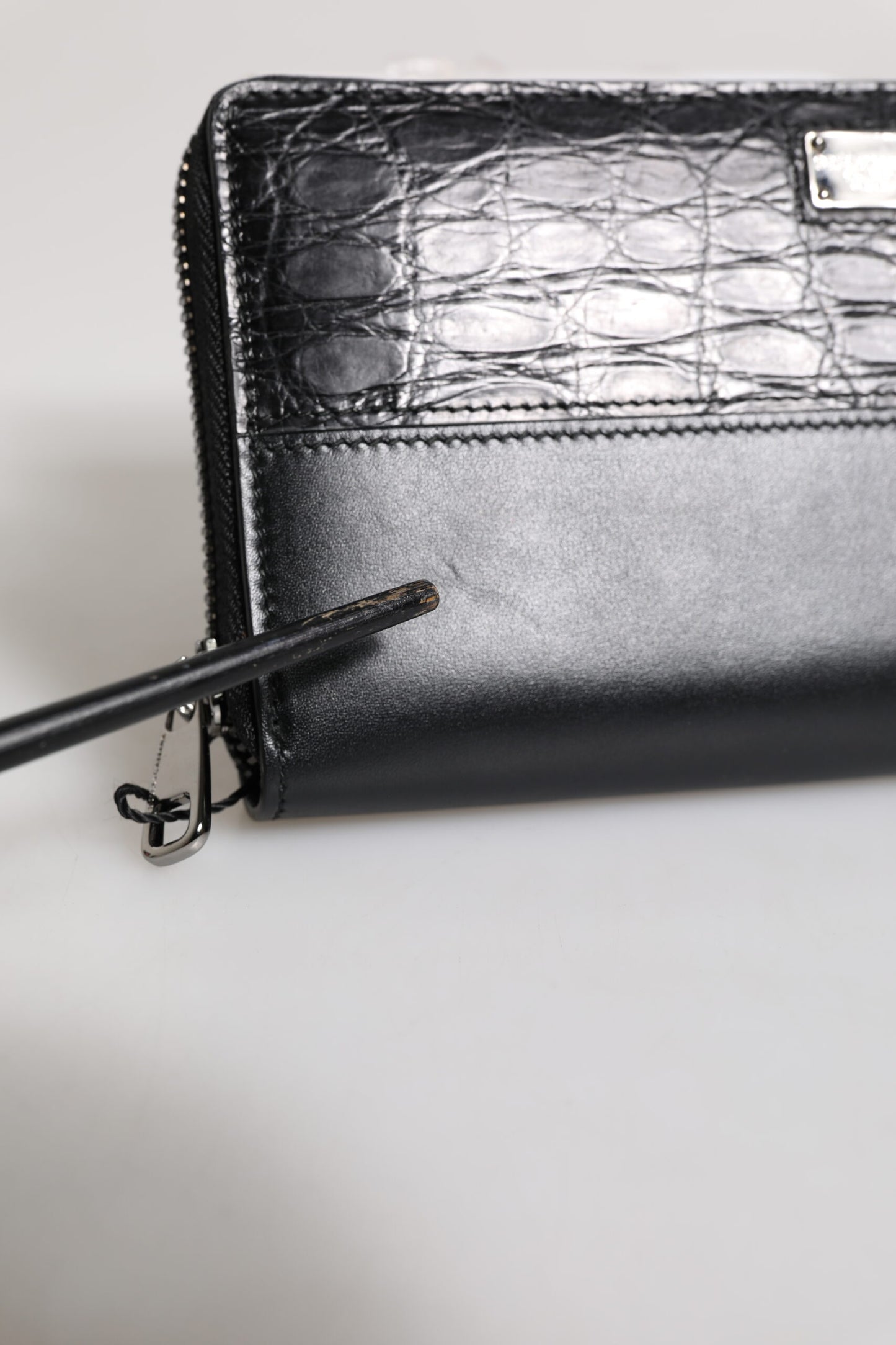 Black Leather Logo Plaque Zip Around Continental Wallet