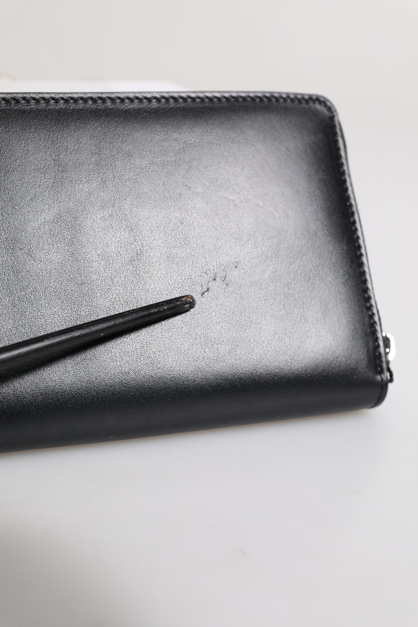Black Leather Logo Plaque Zip Around Continental Wallet