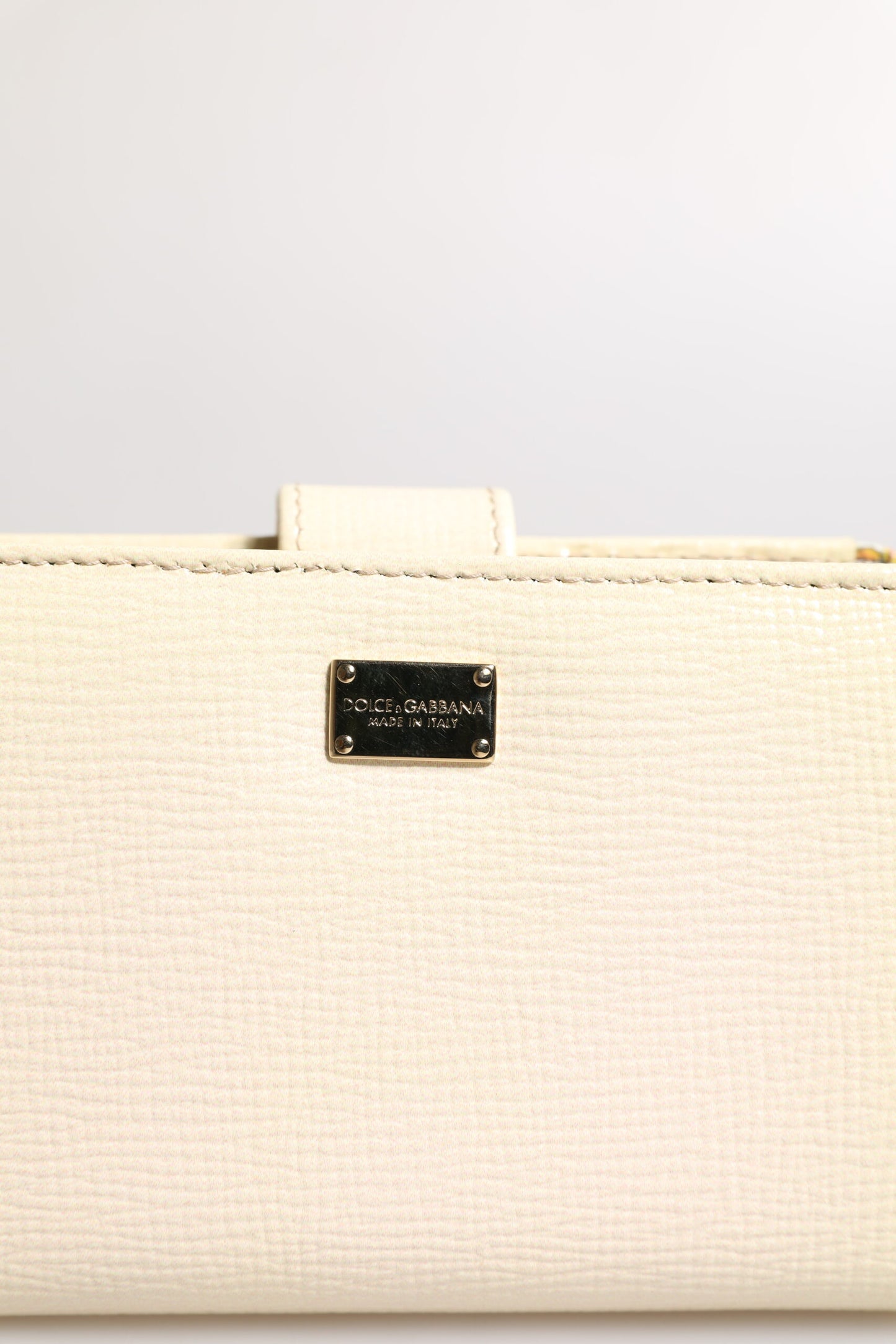 Ivory Calf Leather Compact Logo Plaque Card Holder Wallet