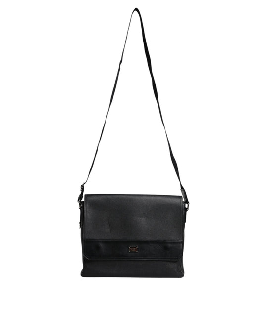 Black Logo Plaque Leather Messenger Shoulder Strap Bag