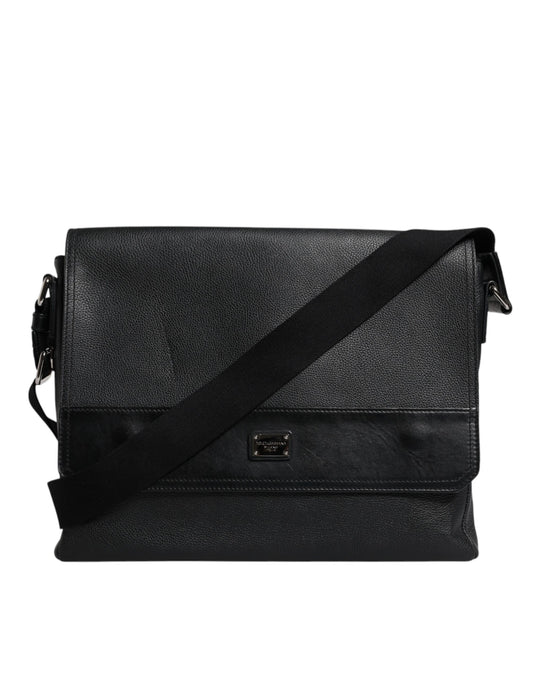 Black Logo Plaque Leather Messenger Shoulder Strap Bag