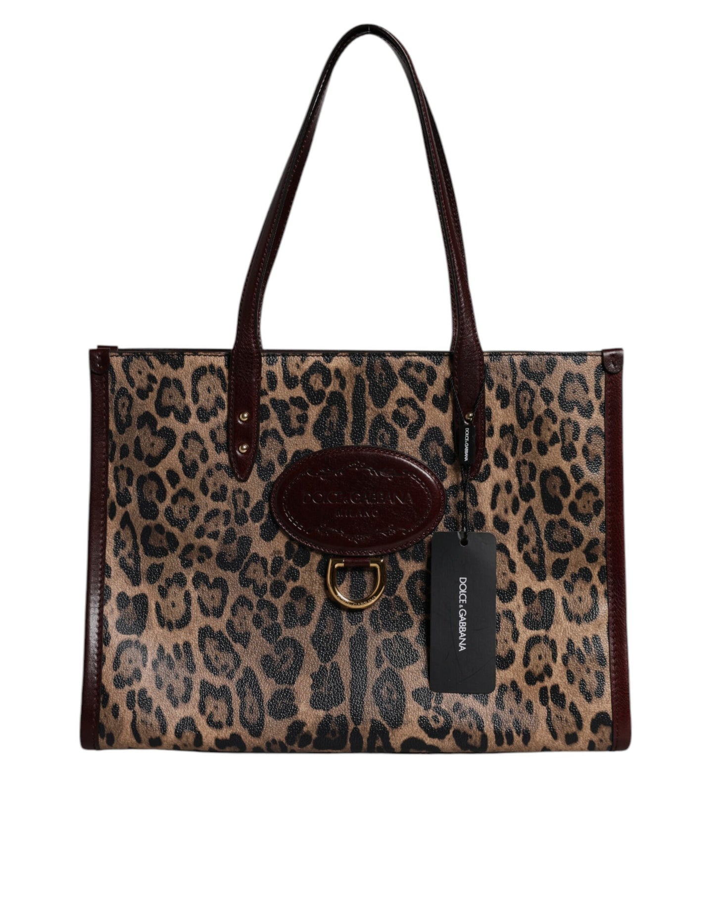 Brown Leopard Leather Shoulder Strap Tote Bag
