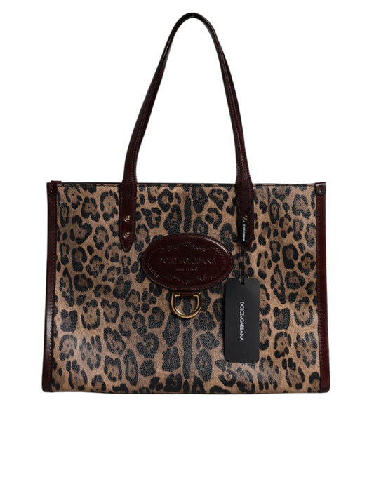 Brown Leopard Leather Shoulder Strap Tote Bag